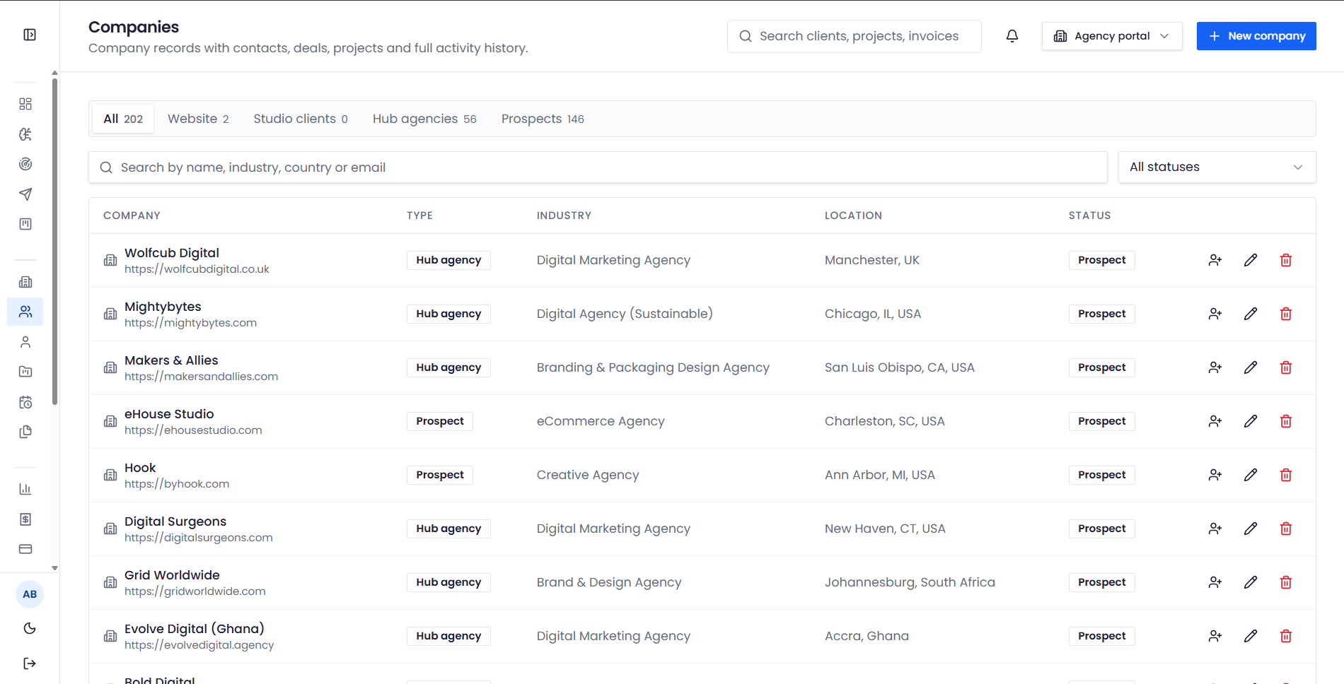 Lynxio Hub Companies screen showing company records with type, industry, location and status columns
