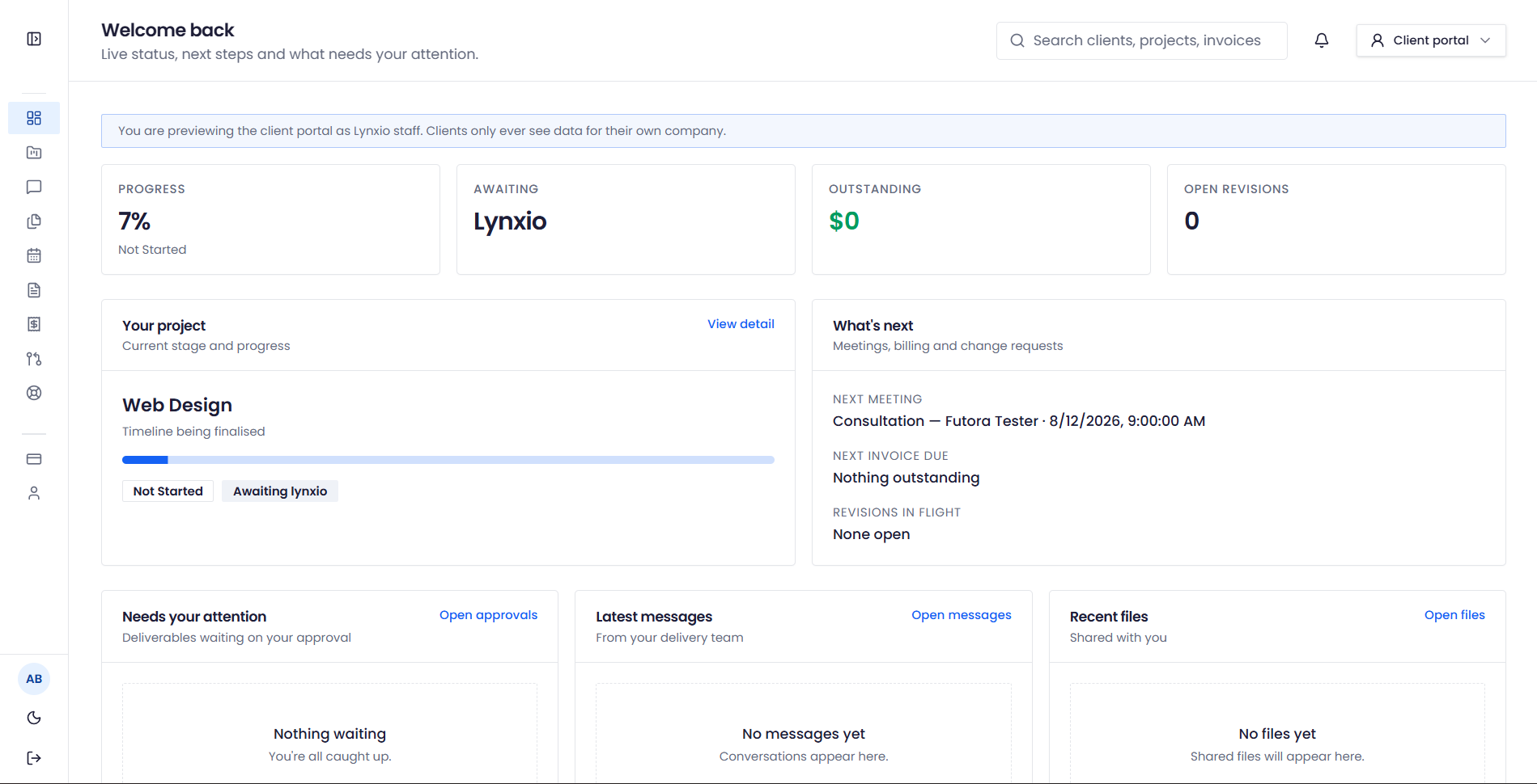 Lynxio Hub client portal dashboard showing project progress, next meeting, messages and files